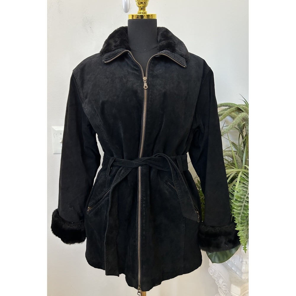 Wilsons Leather Suede Coat S Black Faux Fur Lined Belted Goth Whimsigoth Jacket